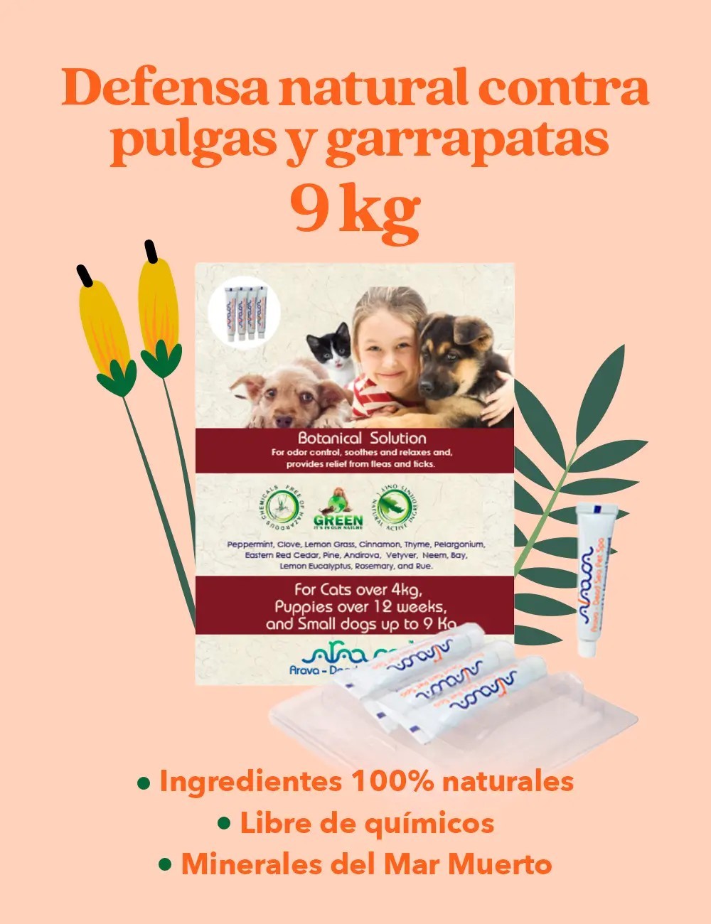 ARAVA PIPETAS NATURALES ANTIPULGAS Y GARRAPATAS PARA PERROS HASTA 9KG
